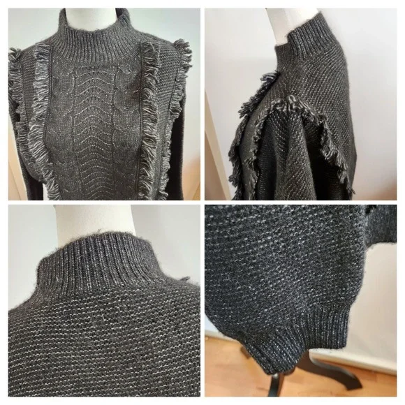 LOFT‎ Mock Neck Fringe Sweater Knit Pullover Textured Sparkle Womens Large L NWT - Picture 7 of 8